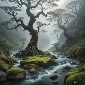 A mystical, fog-covered valley with ancient, twisted trees and a hidden, sparkling river that winds through the mist, revealing hidden waterfalls.