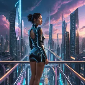 Cyberpunk cityscape, intricate network of neon-lit sky bridges connecting towering chrome skyscrapers, holographic advertisements projecting onto the clouds, flying cars zipping through the air, a lone figure silhouetted against the shimmering lights.