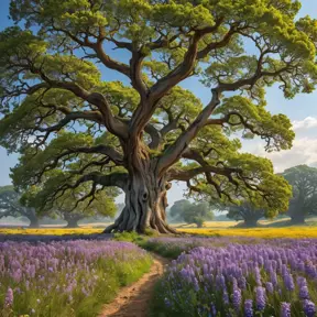 A field of vibrant wildflowers bursting into bloom, stretching as far as the eye can see. A solitary, ancient oak tree stands sentinel, its gnarled branches reaching out like protective arms.