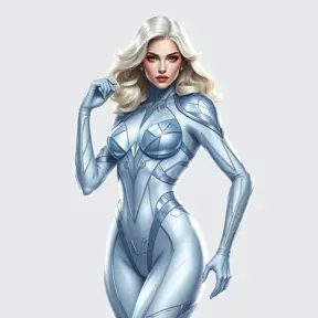 Emma Frost in diamond form, faceted skin sparkling, cold beauty, powerful stance, minimalist background, sharp lines, art deco inspiration, elegant