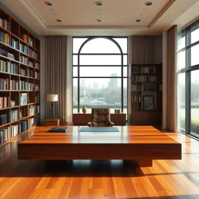 A spacious, open-plan office with a large, floating desk made of polished wood, a comfortable leather armchair, and a wall of bookshelves filled with colorful books. A large window provides natural light and a view of a city park.