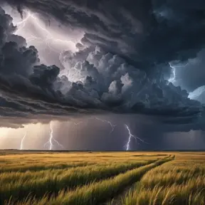 A vast, open prairie under a dramatic thunderstorm, with lightning bolts illuminating the dark clouds and the tall grass swaying in the strong winds.
