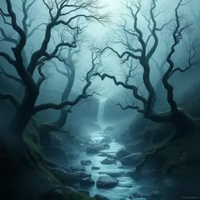 A mystical, fog-covered valley with ancient, twisted trees and a hidden, sparkling river that winds through the mist, revealing hidden waterfalls.