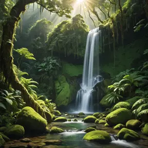 A cascading waterfall surrounded by lush, emerald-green rainforest, with sunlight filtering through the dense canopy, casting dappled shadows on the moss-covered rocks below.