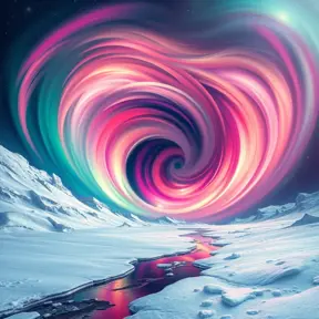 A swirling vortex of vibrant colors, representing the aurora borealis dancing across a frozen, arctic landscape. Stars twinkle in the night sky, casting a magical light on the scene.