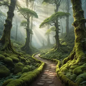 A mystical forest bathed in mist, ancient trees adorned with glowing moss, a path winding its way through the ethereal landscape, dappled sunlight, magical realism