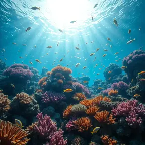 Bio luminescent coral reefs teeming with colorful fish, sunlight filtering through the crystal-clear water, creating dancing patterns of light and shadow, serene and magical