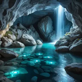 A hidden grotto bathed in ethereal moonlight, with crystal clear water flowing over smooth, white stones. Bioluminescent creatures illuminate the cave walls, casting an otherworldly glow.