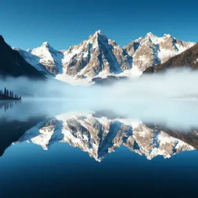 A serene alpine lake reflecting the towering, snow-capped peaks of the surrounding mountains, with a gentle mist hovering over the water's surface.