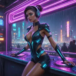 A cyberpunk nightclub, pulsating with neon lights and synthwave music, dancers with cybernetic enhancements move in a hypnotic trance, a holographic DJ spins futuristic beats, a lone figure stares out the window at the rain-soaked city.