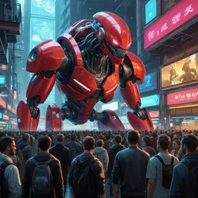 A bustling cyberpunk market, overflowing with vendors selling strange gadgets and bio-engineered goods. In the background, a holographic projection of a monstrous cybernetic creature looms over the crowd, its eyes glowing red.