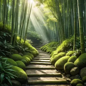 Deep within a bamboo forest, sunlight filters through the leaves, illuminating a moss-covered path. (Zen, meditation, green, ethereal)