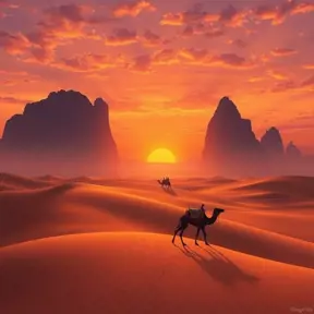 A vast, serene desert landscape at sunset, with towering sand dunes casting long shadows and a lone camel caravan silhouetted against the vibrant orange and purple sky.