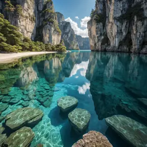 A hidden, crystal-clear lagoon surrounded by towering limestone cliffs, with the water so still it mirrors the sky above, creating a perfect, otherworldly reflection.