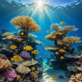 Bio luminescent coral reefs teeming with colorful fish, sunlight filtering through the crystal-clear water, creating dancing patterns of light and shadow, serene and magical