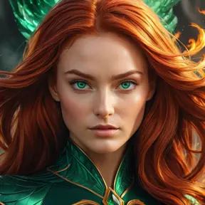 Portrait of Jean Grey, fiery red hair, emerald green eyes, powerful, elegant, phoenix fire in the background, intricate details, sharp focus, 8k