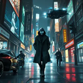 A cyberpunk street scene, holographic projections of advertisements flicker on buildings, robotic police patrol the streets, a lone figure in a trench coat walks down the sidewalk, their face obscured by a glowing mask, a flying car zooms overhead.