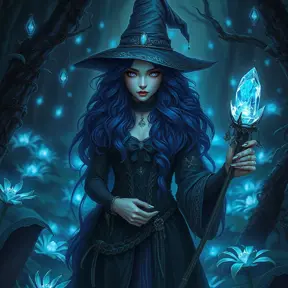 A mysterious witch with deep violet eyes and hair that cascades like a waterfall of ink, standing in a hidden glade filled with bioluminescent plants, her staff topped with a glowing crystal that pulses with ancient magic