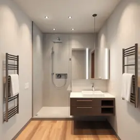 A modern bathroom with a large, walk-in shower featuring a rainfall shower head, a floating vanity with a sleek sink and mirror, and a heated towel rack. The room features a minimalist color palette with accents of warm wood and natural stone.