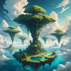 A surreal, otherworldly landscape, with floating islands suspended in a sky filled with swirling clouds. Strange, bioluminescent plants illuminate the scene with an ethereal glow.