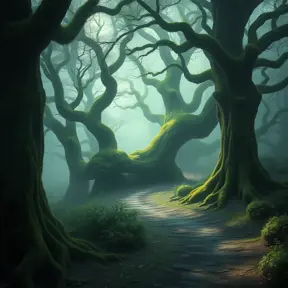 A mystical forest bathed in mist, ancient trees adorned with glowing moss, a path winding its way through the ethereal landscape, dappled sunlight, magical realism