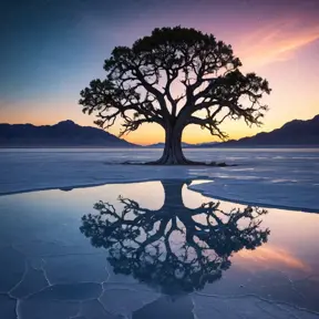 A lone, ancient tree silhouetted against a breathtaking sunset over a vast, reflective salt flat, stars beginning to appear in the deep blue sky, dreamlike and ethereal