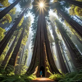 A towering, ancient redwood forest, where the massive trees form a cathedral-like canopy, and shafts of sunlight pierce through the dense foliage.