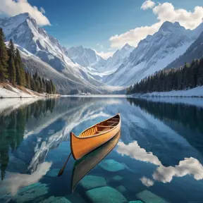 A serene lake nestled within a ring of snow-capped mountains, reflecting the azure sky and wispy clouds. A wooden canoe glides across the glassy surface, leaving a gentle ripple in its wake.