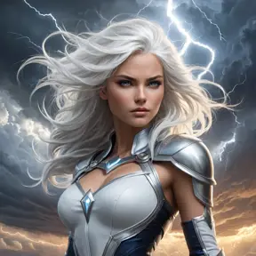 Storm commanding the weather, lightning crackling around her, eyes glowing white, flowing white hair, powerful stance, epic scale, dramatic sky, fantasy art style