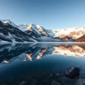 A serene alpine lake reflecting the towering, snow-capped peaks of the surrounding mountains, with a gentle mist hovering over the water's surface.