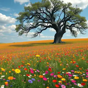 A field of vibrant wildflowers bursting into bloom, stretching as far as the eye can see. A solitary, ancient oak tree stands sentinel, its gnarled branches reaching out like protective arms.