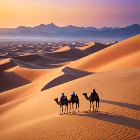 A vast, serene desert landscape at sunset, with towering sand dunes casting long shadows and a lone camel caravan silhouetted against the vibrant orange and purple sky.