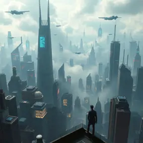 A panoramic view of a cyberpunk city, sprawling skyscrapers pierce the smog-filled sky, holographic advertisements flash on buildings, flying vehicles weave through the air, a lone figure stands on a rooftop, gazing at the sprawling cityscape.