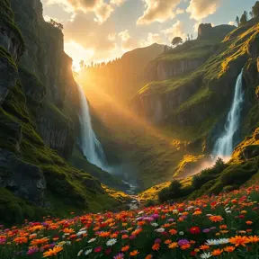 A hidden valley bathed in the golden light of dawn, waterfalls cascading down moss-covered cliffs, a blanket of vibrant wildflowers in the foreground, hyperrealistic, 8k