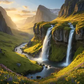 A hidden valley bathed in the golden light of dawn, waterfalls cascading down moss-covered cliffs, a blanket of vibrant wildflowers in the foreground, hyperrealistic, 8k