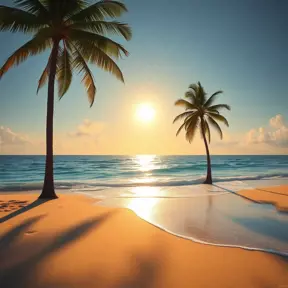 A tranquil beach at sunset, with golden sand meeting the turquoise ocean. Palm trees sway gently in the warm breeze, casting long shadows across the shore.