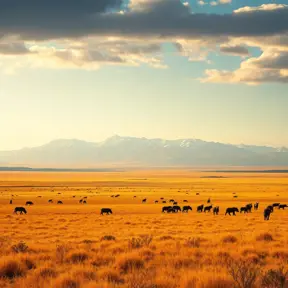 A panoramic view of a vast, golden savannah at dawn, with herds of wildlife grazing and a distant, snow-capped mountain range on the horizon.