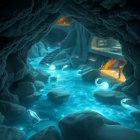 A hidden grotto bathed in ethereal moonlight, with crystal clear water flowing over smooth, white stones. Bioluminescent creatures illuminate the cave walls, casting an otherworldly glow.