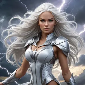 Storm commanding the weather, lightning crackling around her, eyes glowing white, flowing white hair, powerful stance, epic scale, dramatic sky, fantasy art style
