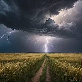 A vast, open prairie under a dramatic thunderstorm, with lightning bolts illuminating the dark clouds and the tall grass swaying in the strong winds.
