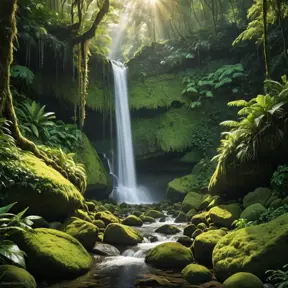 A cascading waterfall surrounded by lush, emerald-green rainforest, with sunlight filtering through the dense canopy, casting dappled shadows on the moss-covered rocks below.