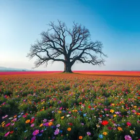 A field of vibrant wildflowers bursting into bloom, stretching as far as the eye can see. A solitary, ancient oak tree stands sentinel, its gnarled branches reaching out like protective arms.