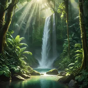 A cascading waterfall surrounded by lush, emerald-green rainforest, with rays of sunlight piercing through the dense canopy, creating a magical, ethereal glow.