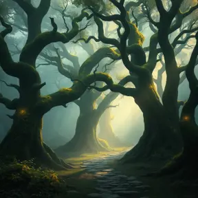 A mystical forest bathed in mist, ancient trees adorned with glowing moss, a path winding its way through the ethereal landscape, dappled sunlight, magical realism