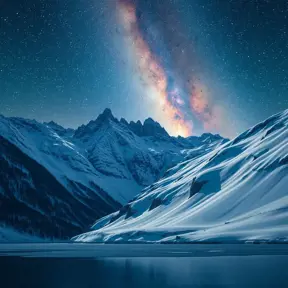 A snow-covered mountain range under a clear, starry night sky, with the Milky Way visible in the background and a frozen lake reflecting the celestial beauty.