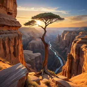 A vast, otherworldly canyon carved by time, with towering sandstone formations reaching towards a vibrant, sunset sky. A lone, weathered tree clings to the edge, its roots grasping the ancient rock.