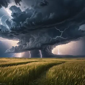 A vast, open prairie under a dramatic thunderstorm, with lightning bolts illuminating the dark clouds and the tall grass swaying in the strong winds.