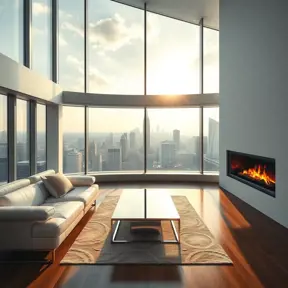 A minimalist living room with a large, panoramic window overlooking a bustling city skyline. Sunlight streams through the window, illuminating a white leather sofa, a sleek coffee table made of polished chrome, and a modern fireplace with a glowing fire.