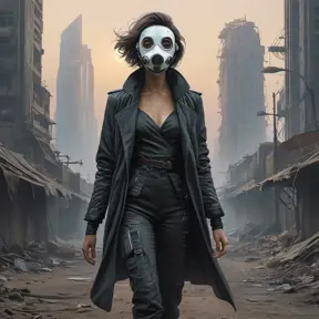 A cyberpunk dystopia, a desolate wasteland dotted with crumbling skyscrapers, the air thick with smog and radiation, a lone figure walks through the wasteland, their face obscured by a mask, carrying a flickering lantern.