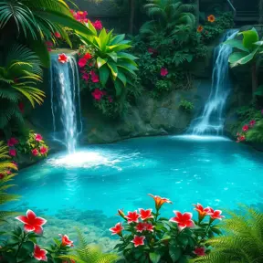 A hidden waterfall cascades into a crystal-clear pool surrounded by vibrant flowers and lush ferns. (Paradise, tropical, hidden oasis, untouched)